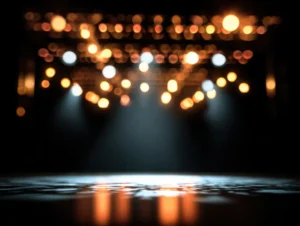 An illuminated stage ready for a performance (likely theater)