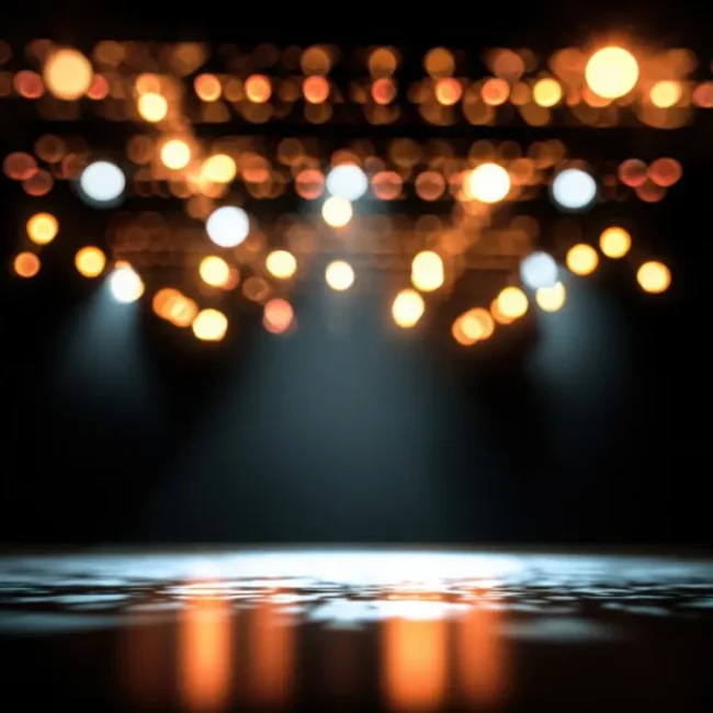 An illuminated stage ready for a performance (likely theater)