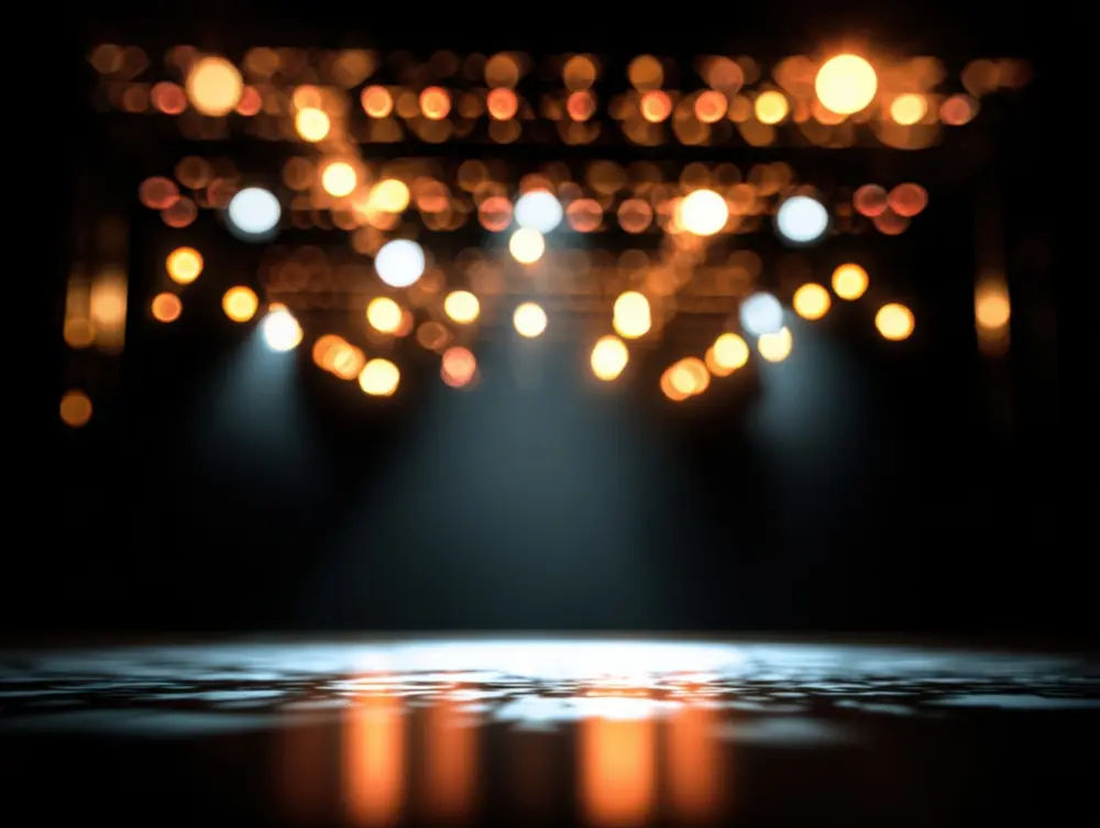 An illuminated stage ready for a performance (likely theater)