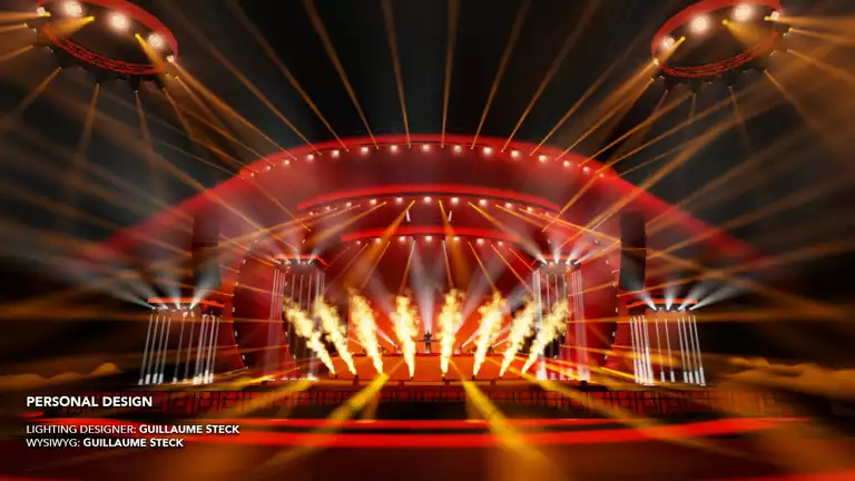Stage Design using fire and lights using WYSIWYG software designed by Guillaume Steck.